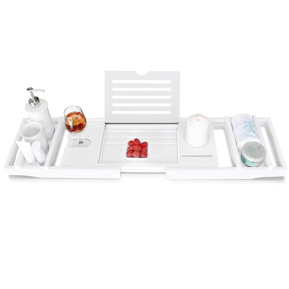 Bamboo Wood Bathtub Tray with Tablet Holder Cup Slot phone slot, White
