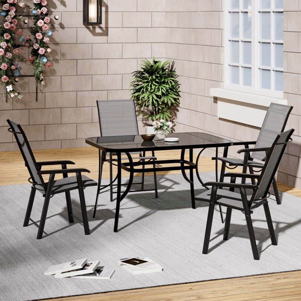 Black Set of 5 Garden 120CM Rectangle Glass Umbrella Table and Folding Chairs Set