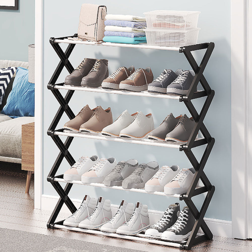 Black Foldable 5 Tier Metal Shoe Rack