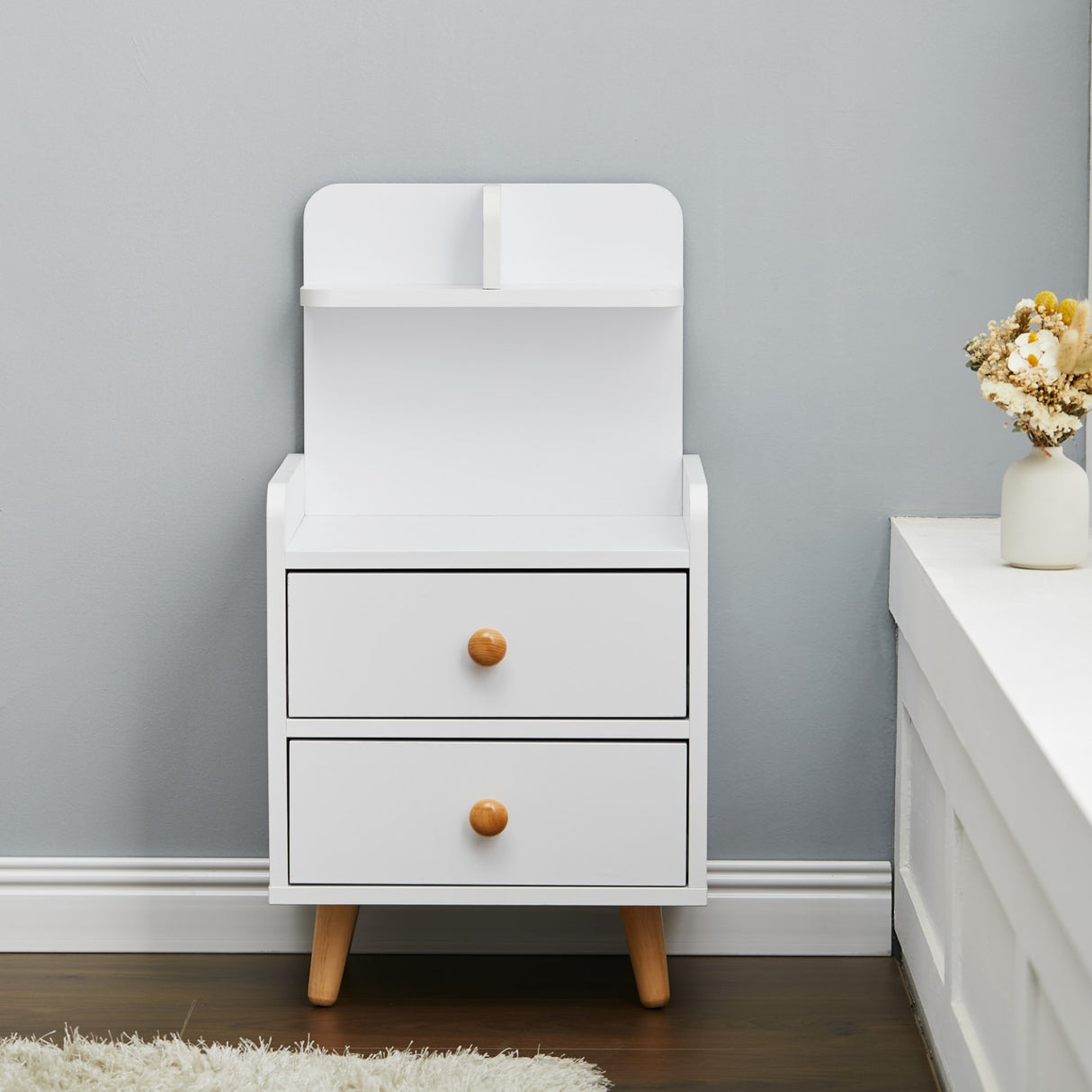 Wood White Bedside Table Nightstand With two Drawers