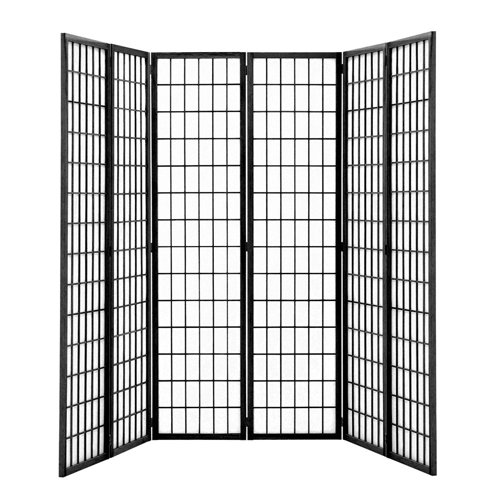 Black 6 Panel Solid Wood Folding Room Divider Privacy Screen