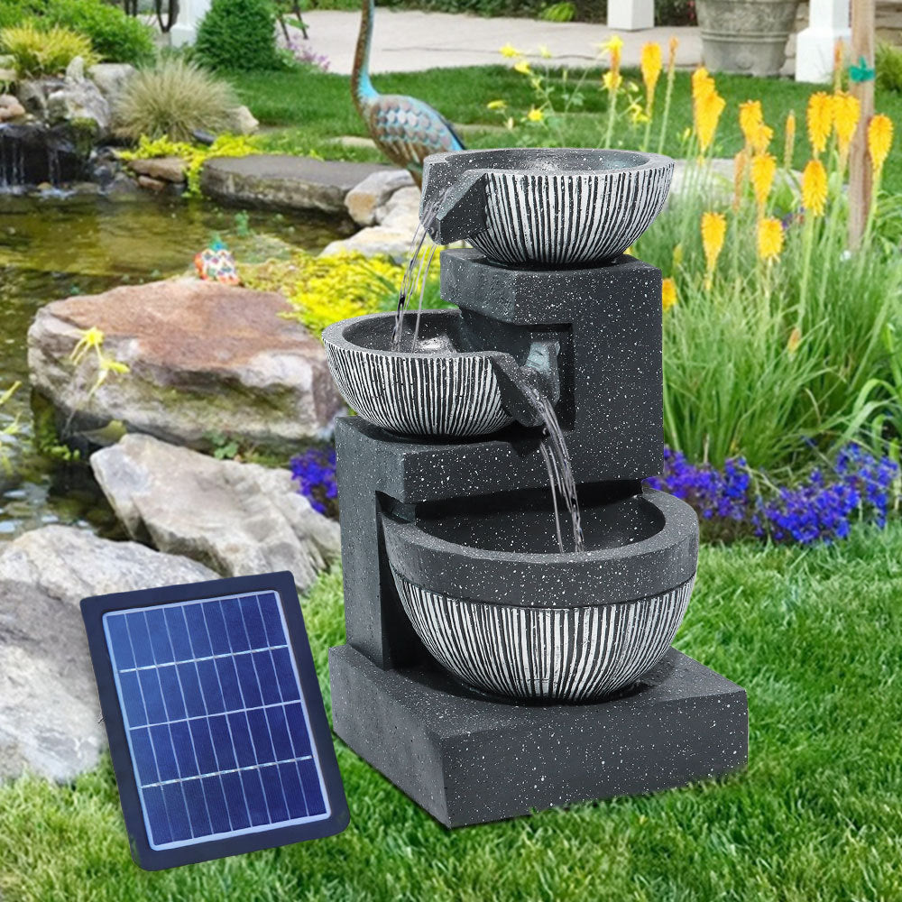 Outdoor Water Fountain Rockery Decoration 3 Tier Bowls Solar Powered
