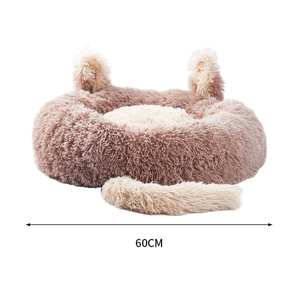 Light Brown 60cm Round Plush Pet Dog Cat Bed with Cute Ears