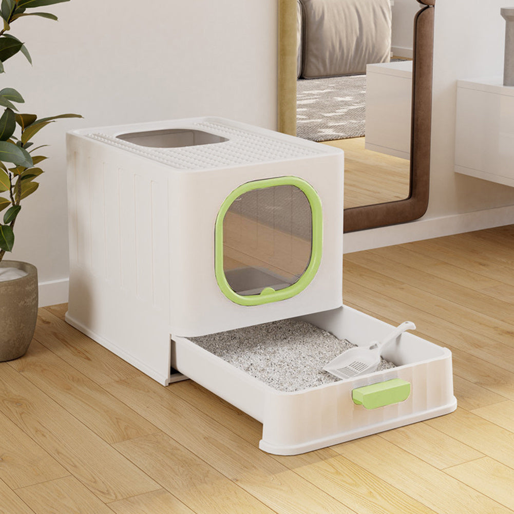 Green Enclosed Folding Cat Litter Box Toilet with Scoop