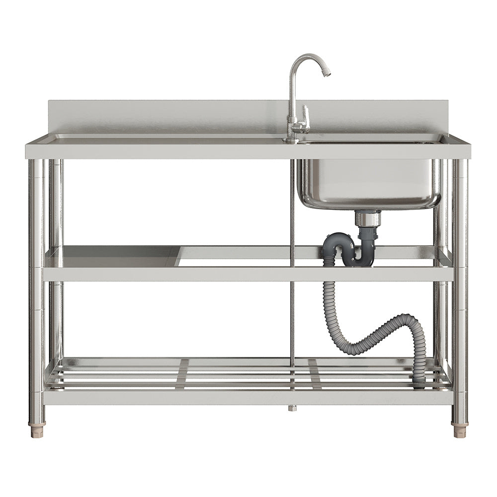 Silver 120cm Stainless Steel Kitchen Compartment Sink with Shelves