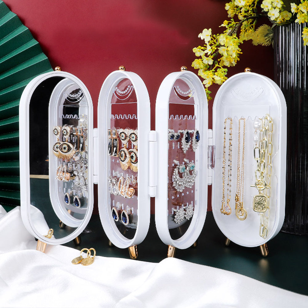 White Dust Proof Jewelry Earring Necklace Storage Box with Mirror