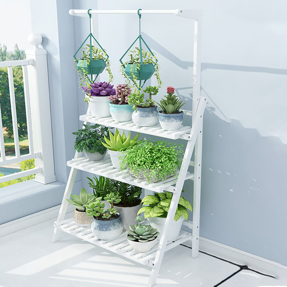 3 Tier Ladder Foldable Plant Stand with Hanging Bar, White