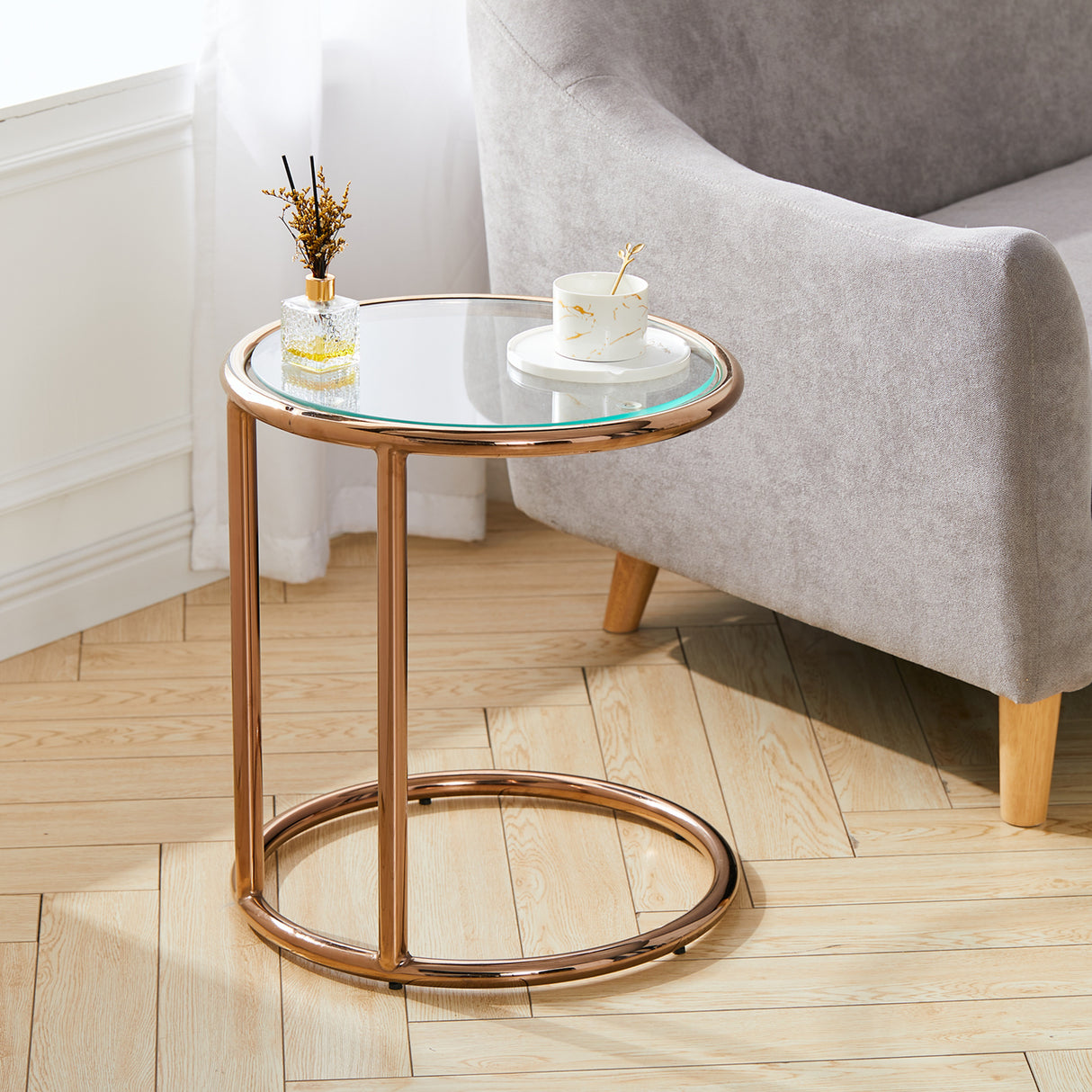 Tempered Glass Top Round Rose Gold Side Table with Metal Base