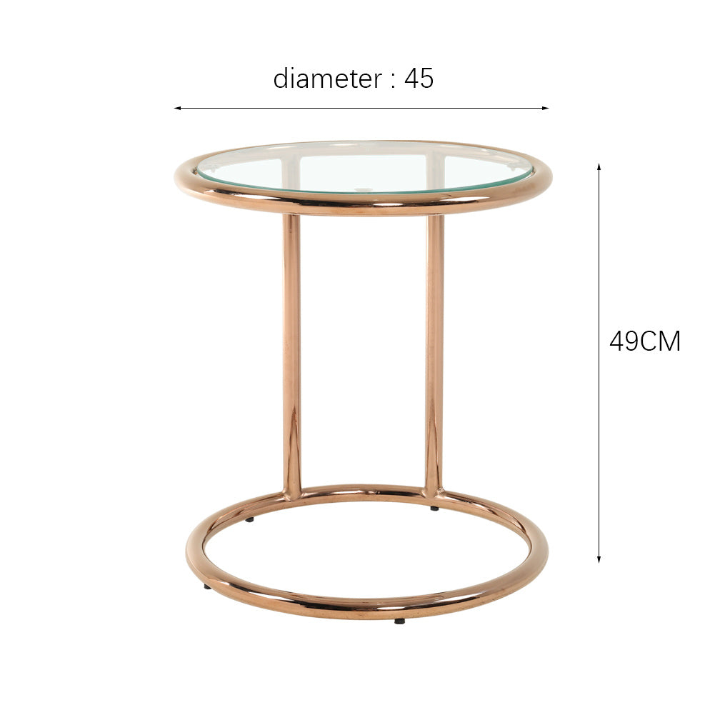 Tempered Glass Top Round Rose Gold Side Table with Metal Base