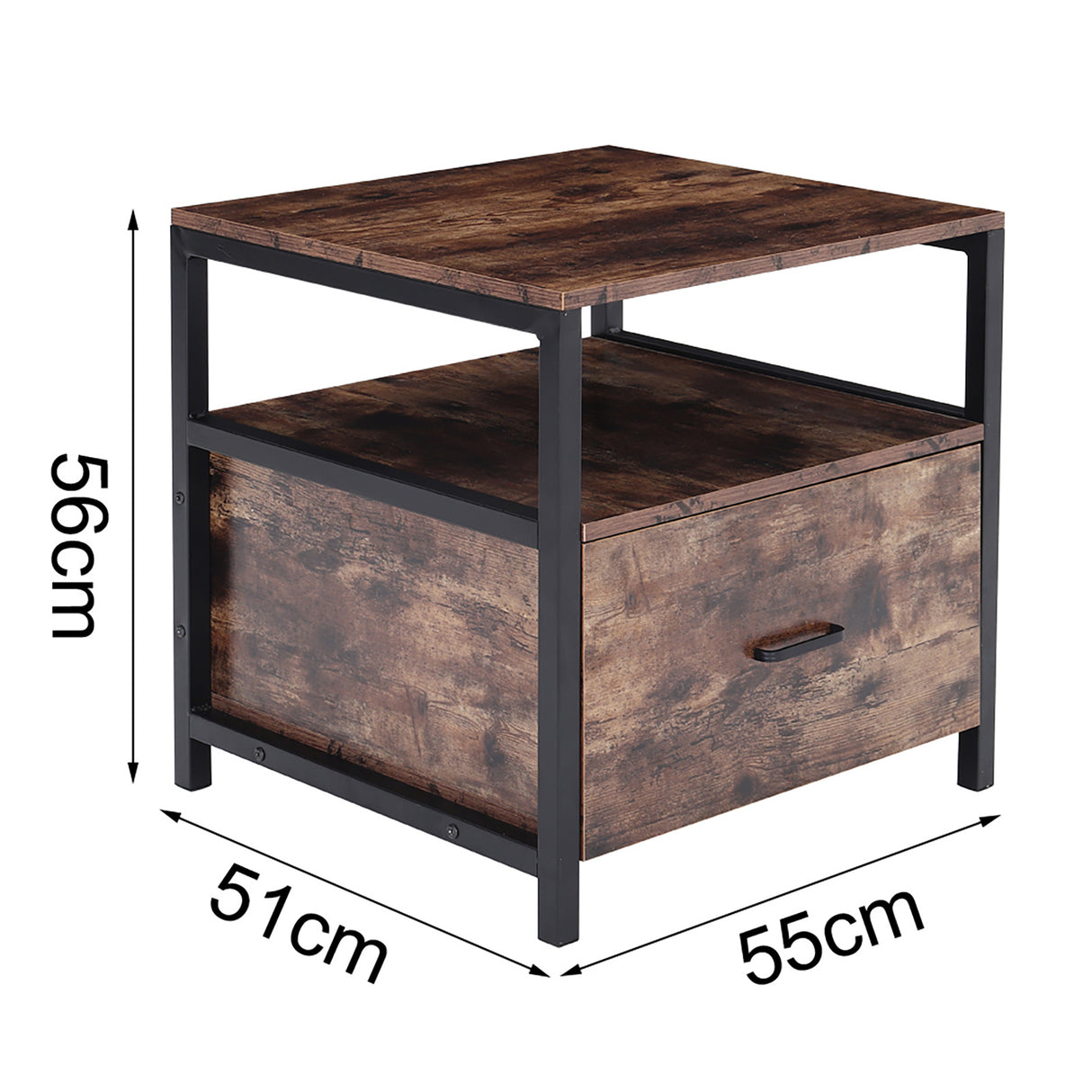 Industrial Bedside Table with Drawer Iron Frame Rustic Wood