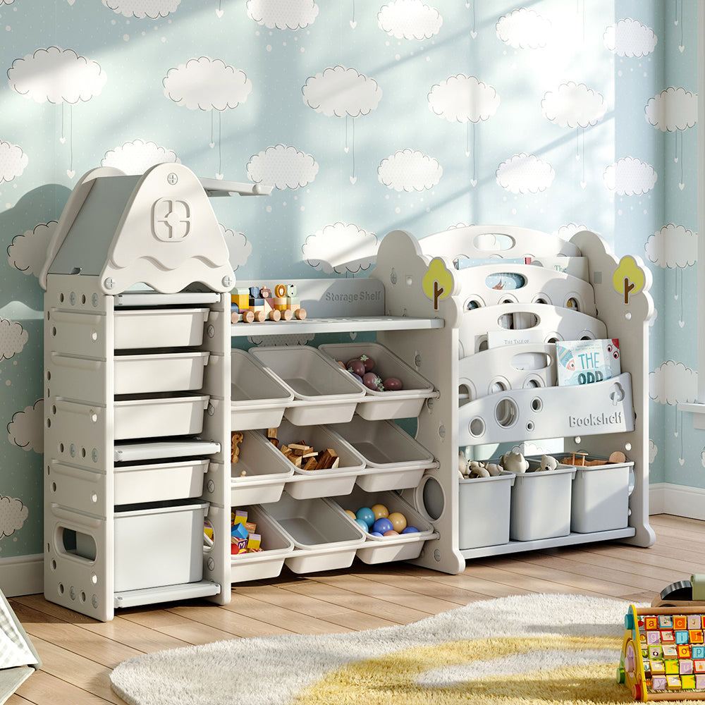 Large Kids Toy Storage Unit with 17 Bins & 4-Tier Treehouse Bookshelf