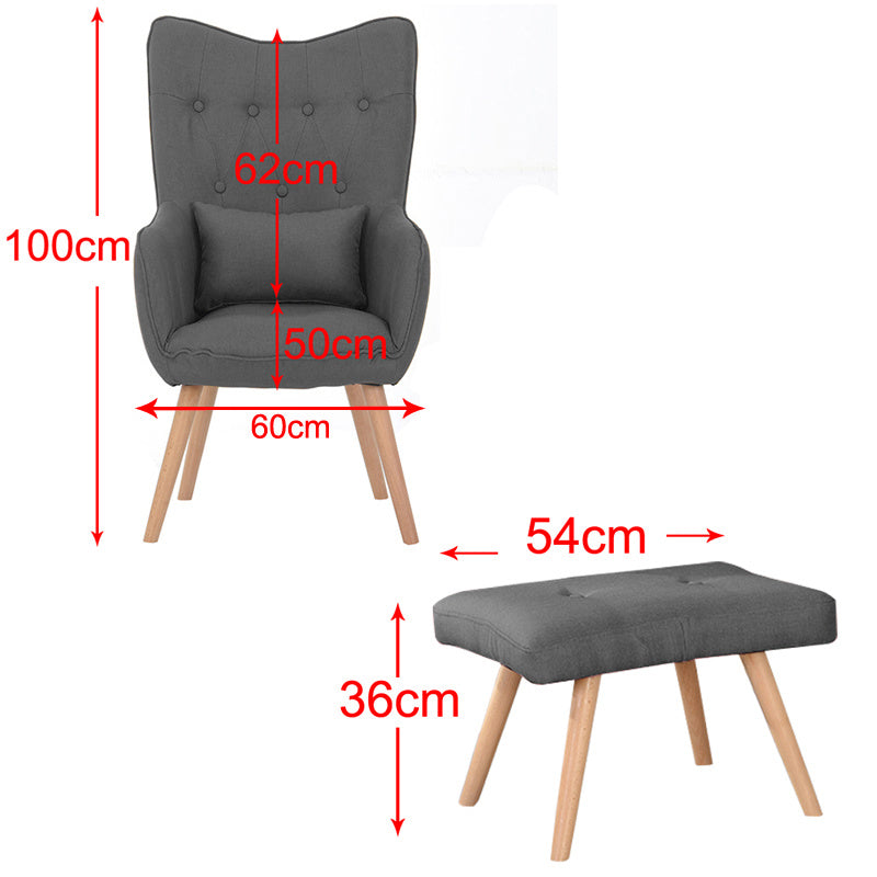 Linen Armchair and Footstool Set with Oak Wood Legs