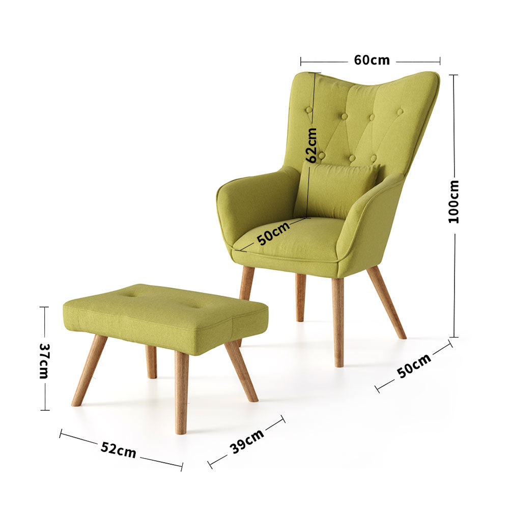 Linen Armchair and Footstool Set with Oak Wood Legs