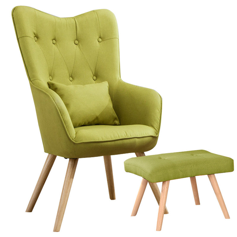 Linen Armchair and Footstool Set with Oak Wood Legs