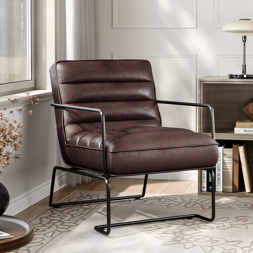 Modern Faux Leather Accent Armchair Retro Ribbed Leisure Chair
