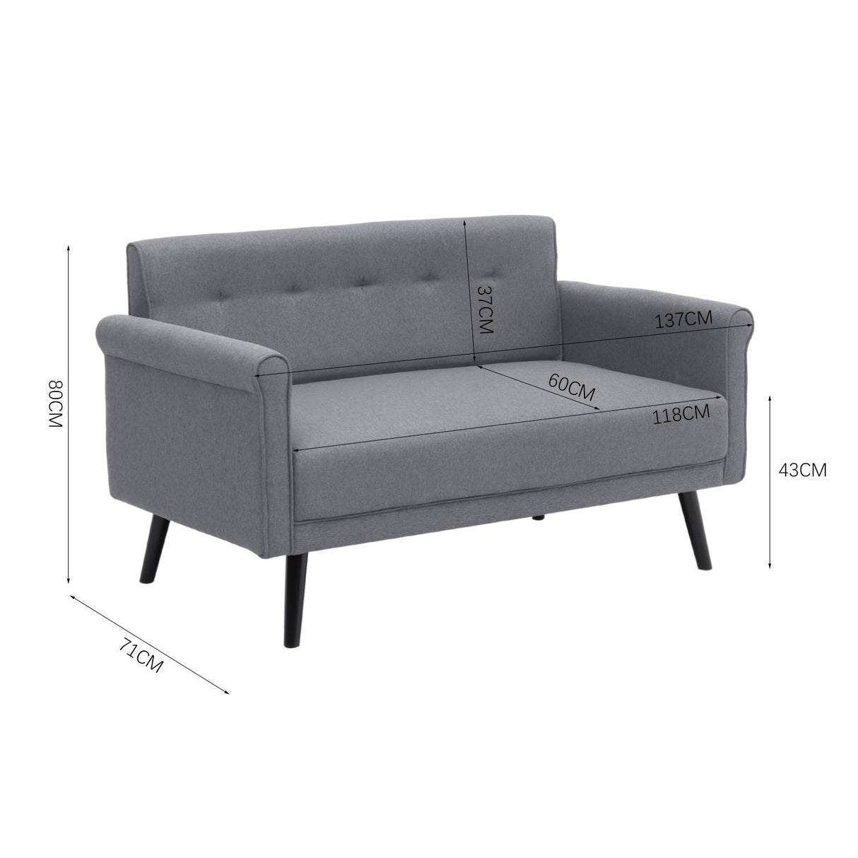 Dark Grey 2 Seater Sofa Upholstered Loveseat with Rolled Arms