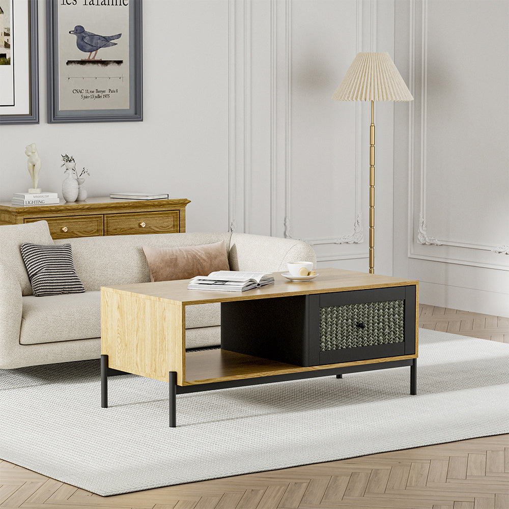 Modern Wooden Rattan Coffee Table with Storage Shelf and Drawer