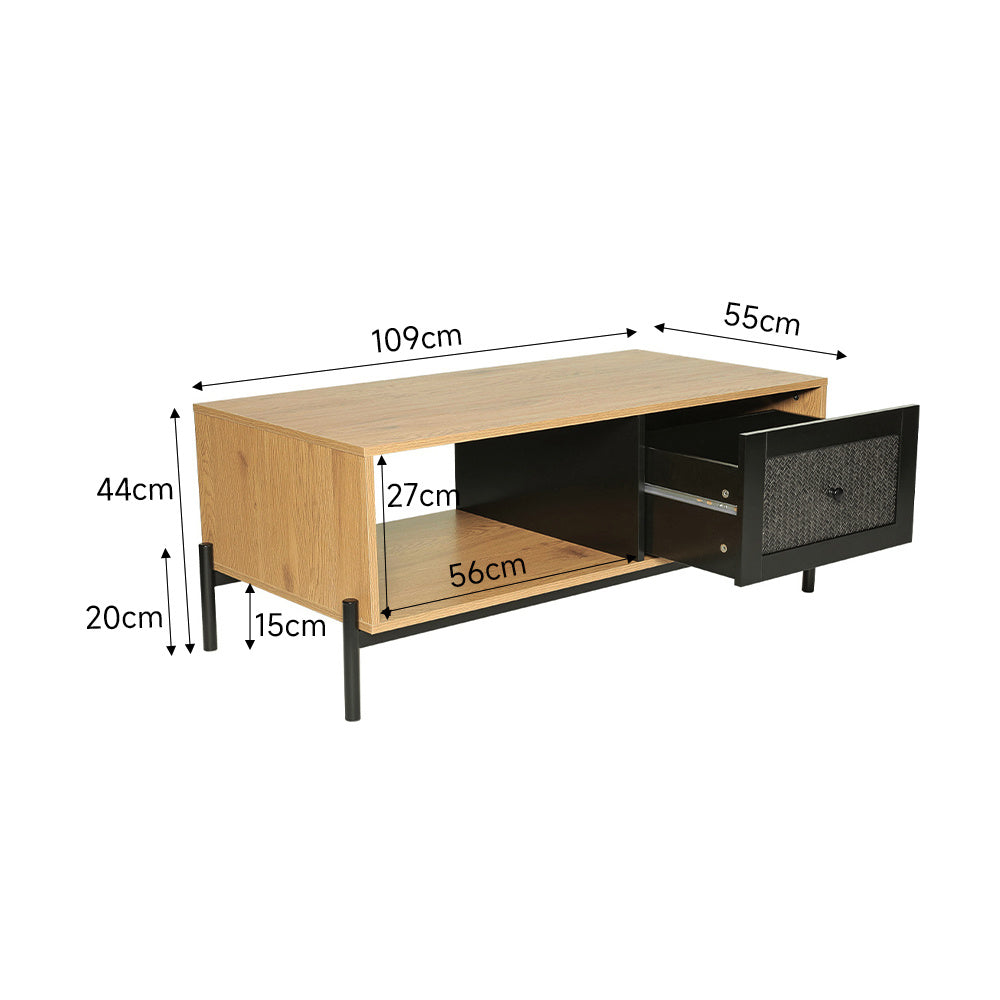 Modern Wooden Rattan Coffee Table with Storage Shelf and Drawer