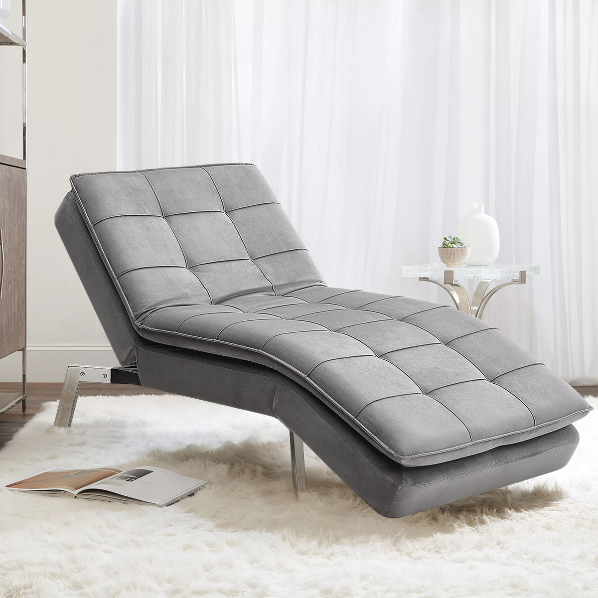 Grey Adjustable Chaise Lounge Modern Fabric Reclining Chair