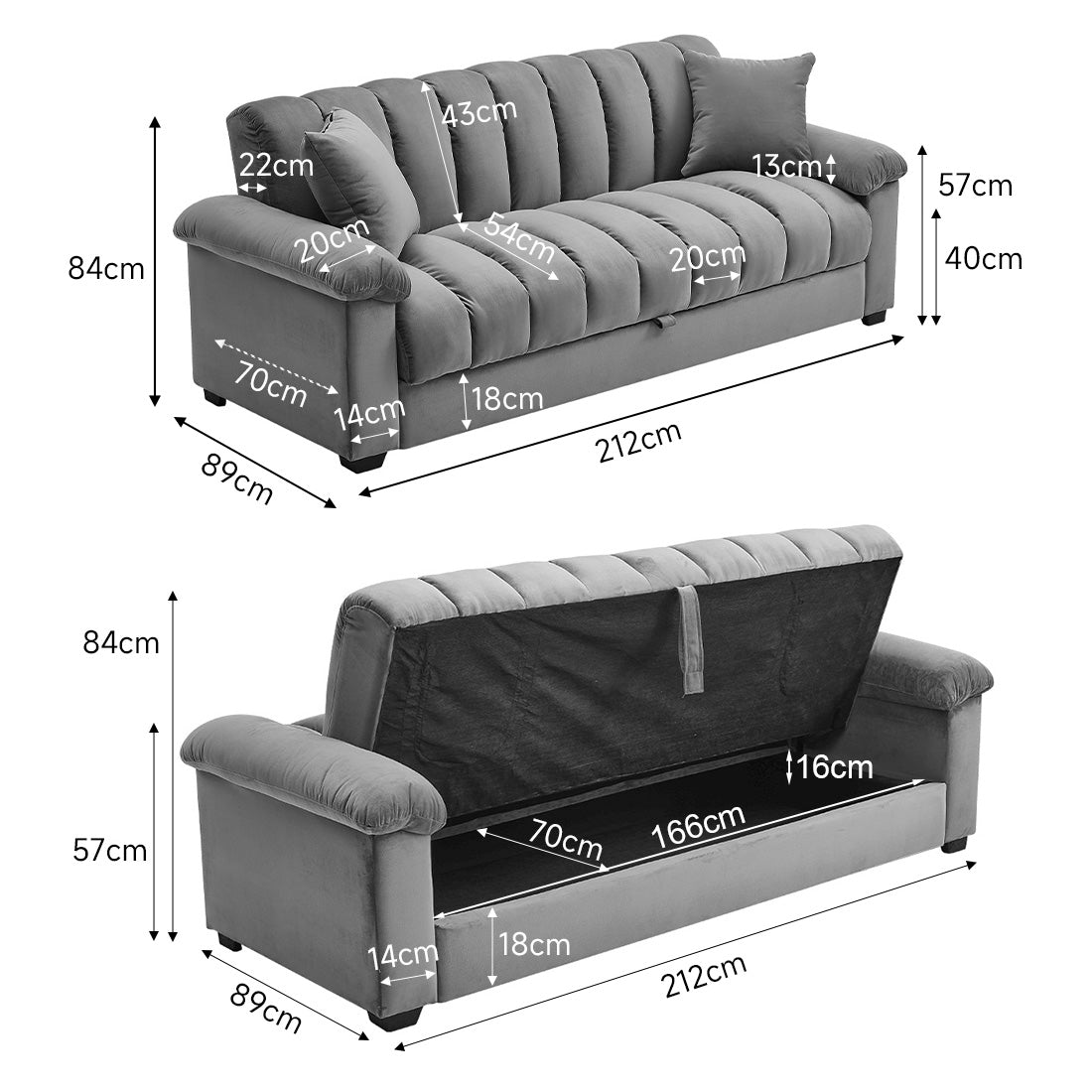 Grey Fabric Sofa Bed with Pillows Modern Sleeper Sofa