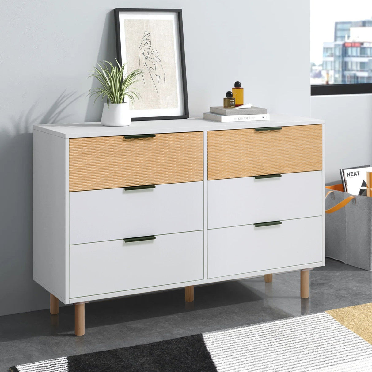 White Contemporary Wooden Storage Cabinet with 6 Drawers Bedroom Chest of Drawers