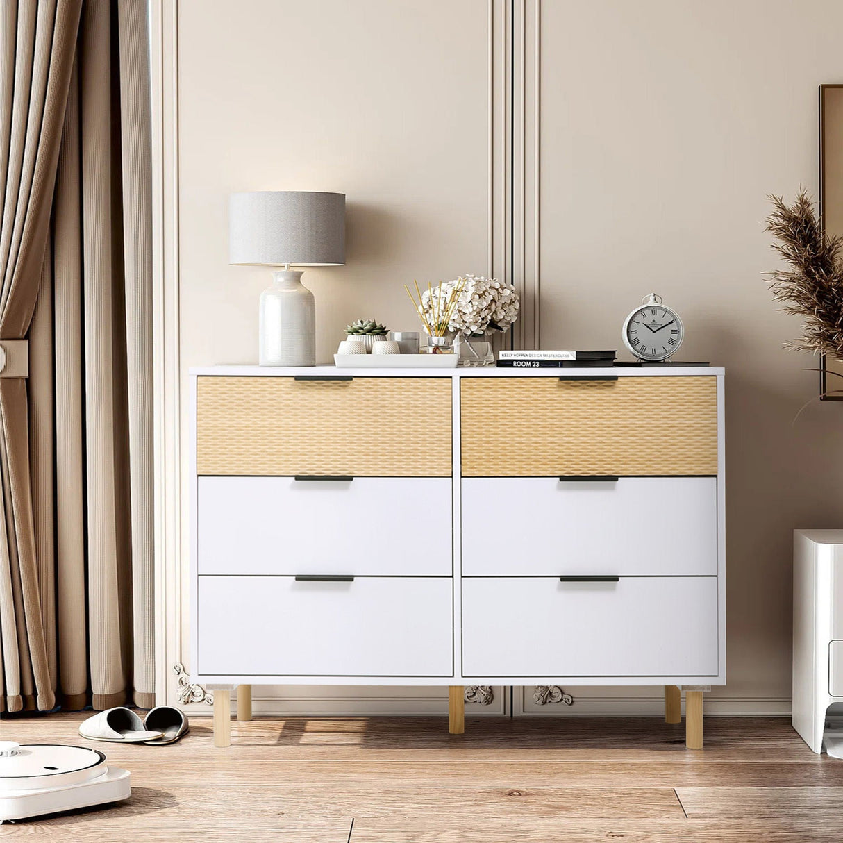 White Contemporary Wooden Storage Cabinet with 6 Drawers Bedroom Chest of Drawers