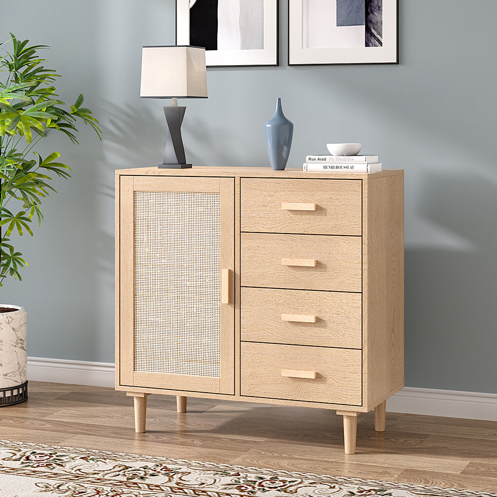 Rattan Wooden Storage Cabinet with 4 Drawers Modern Sideboard