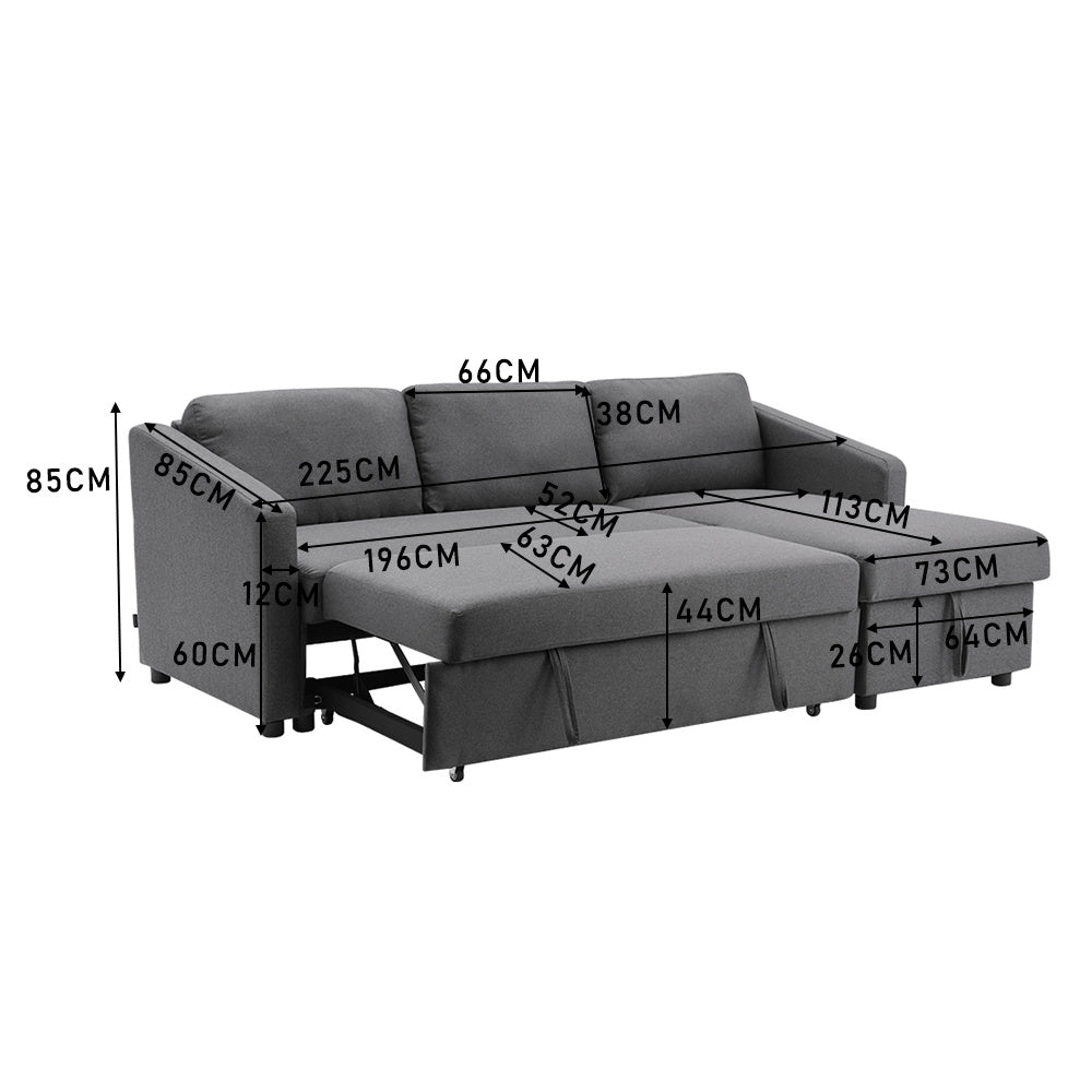 Dark Grey 3 Seater L Shaped Sofa Bed with Storage Pull Out Fabric