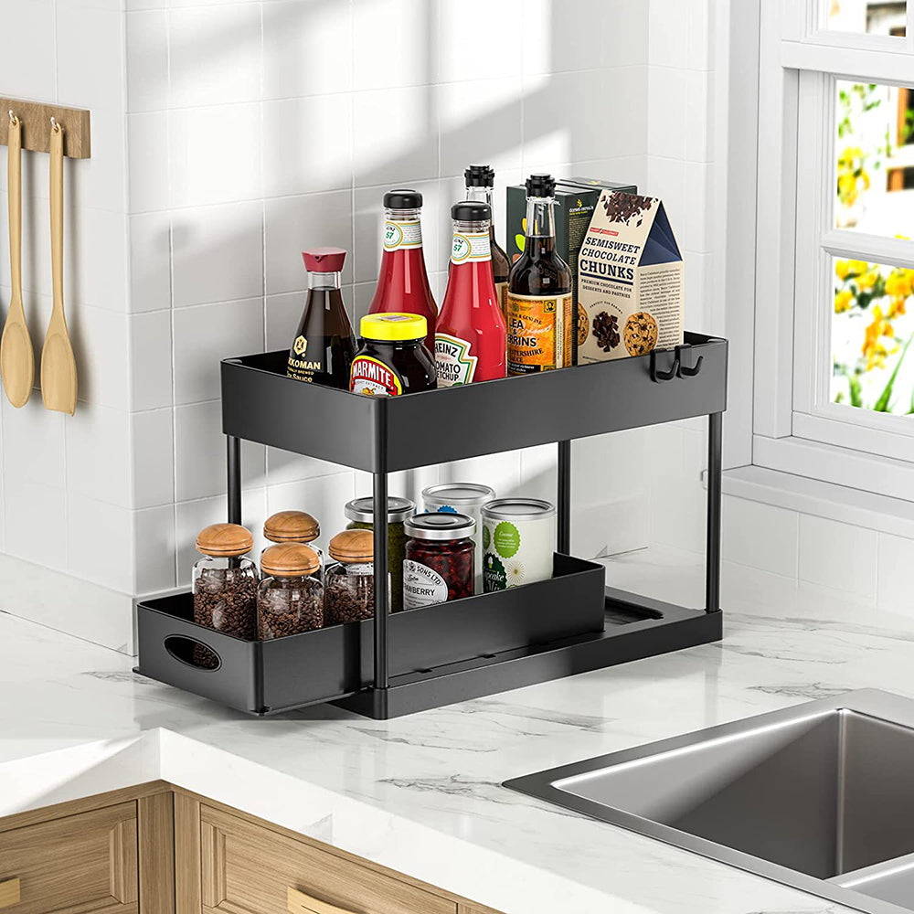 Black 2 Tier Sliding Under Sink Storage Rack