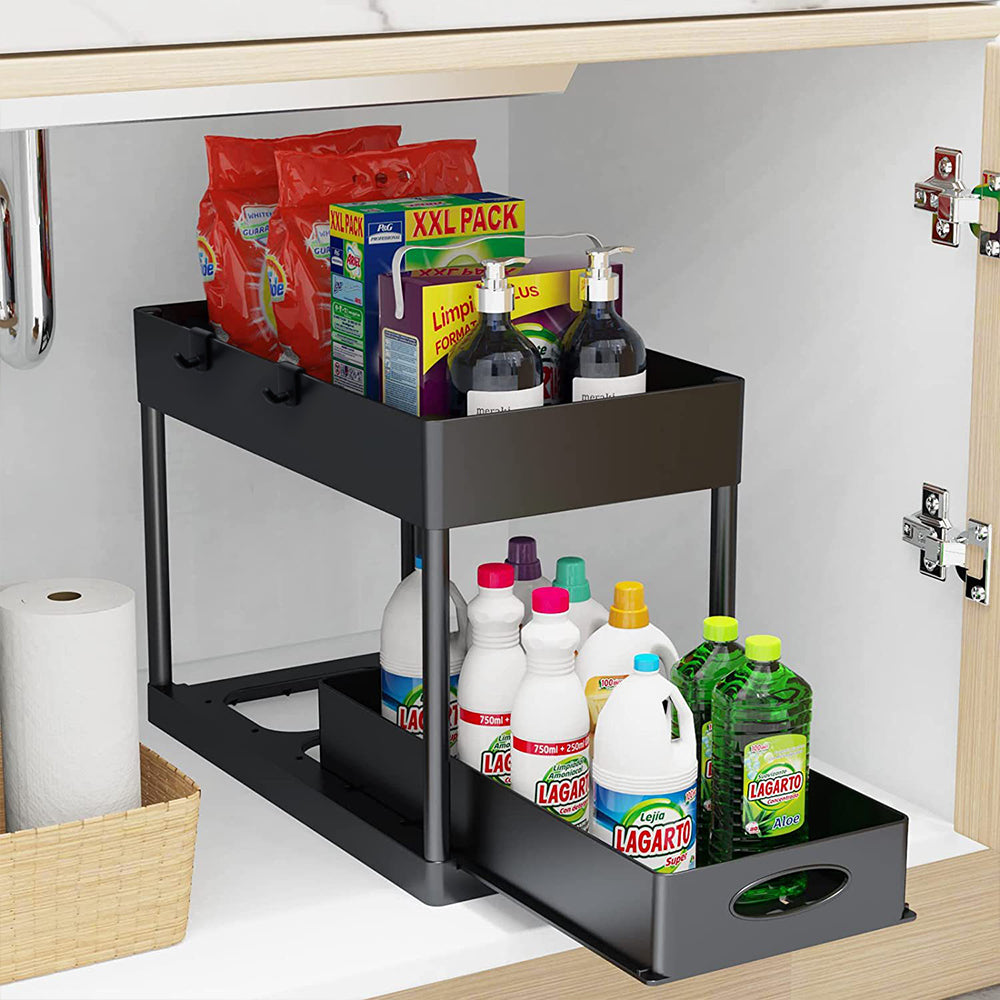 Black 2 Tier Sliding Under Sink Storage Rack