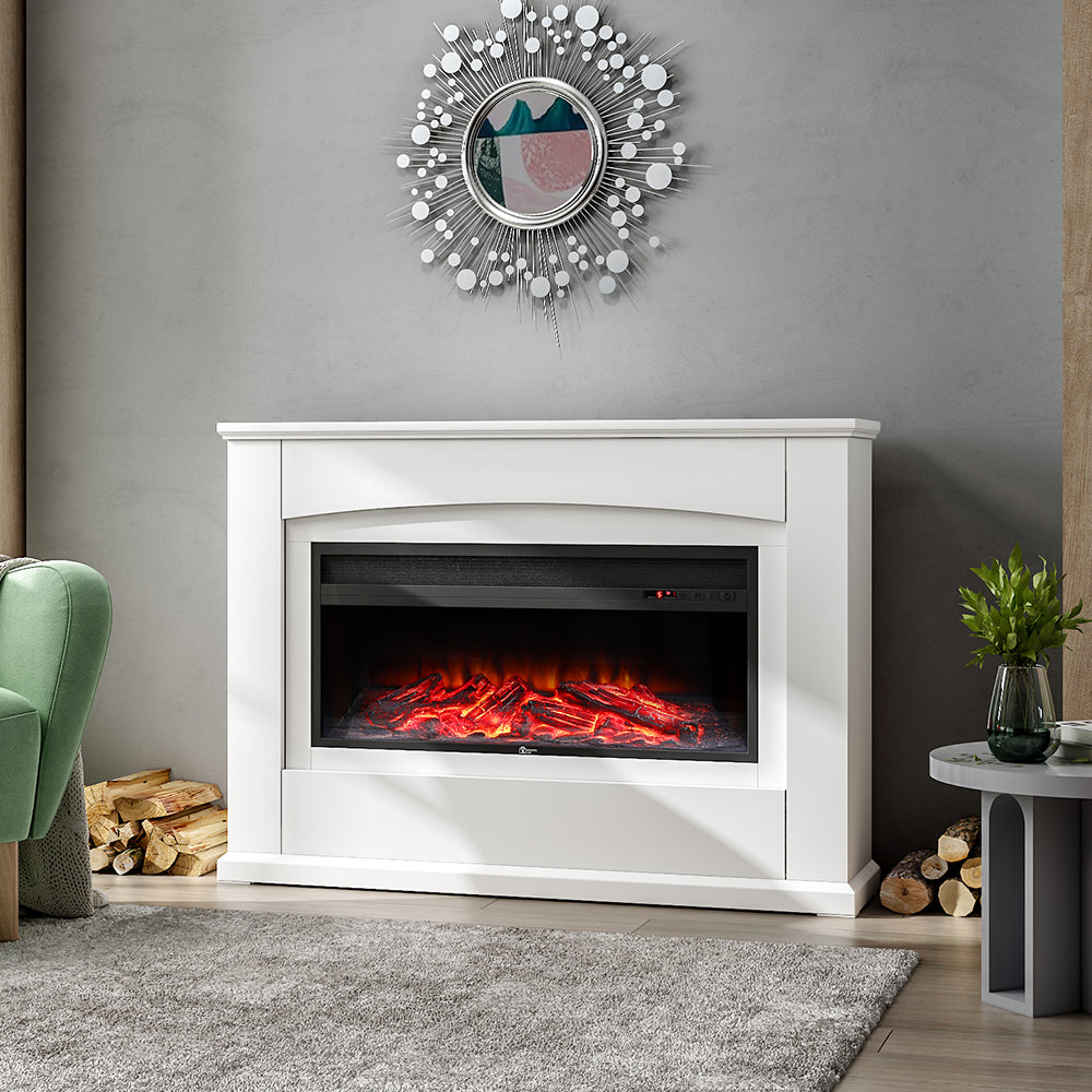 Electric Inset Fireplace Heater Fire Place White Wooden Mantel, 34inch