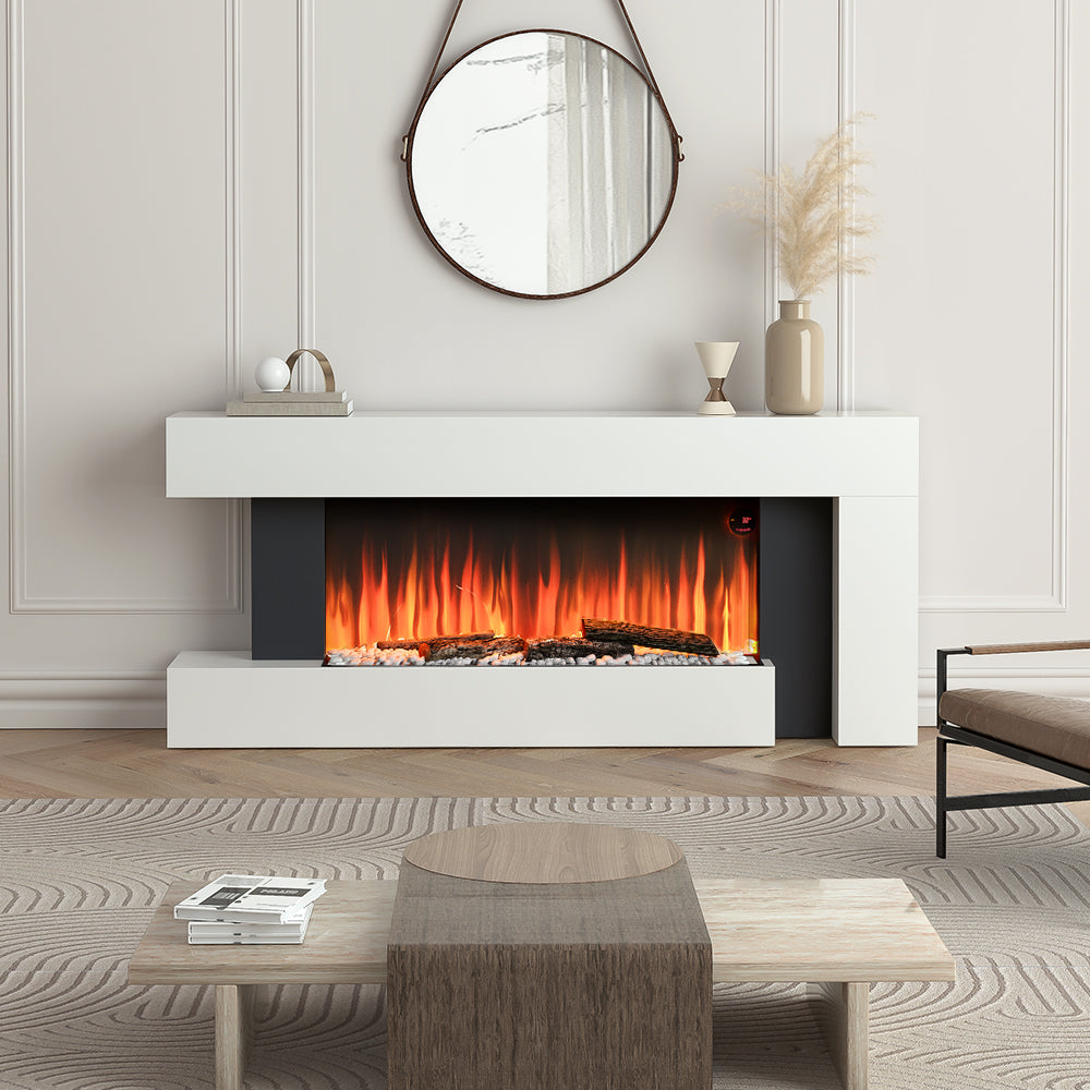 Modern White Electric Fireplace with LED Flame & Remote Control Heater