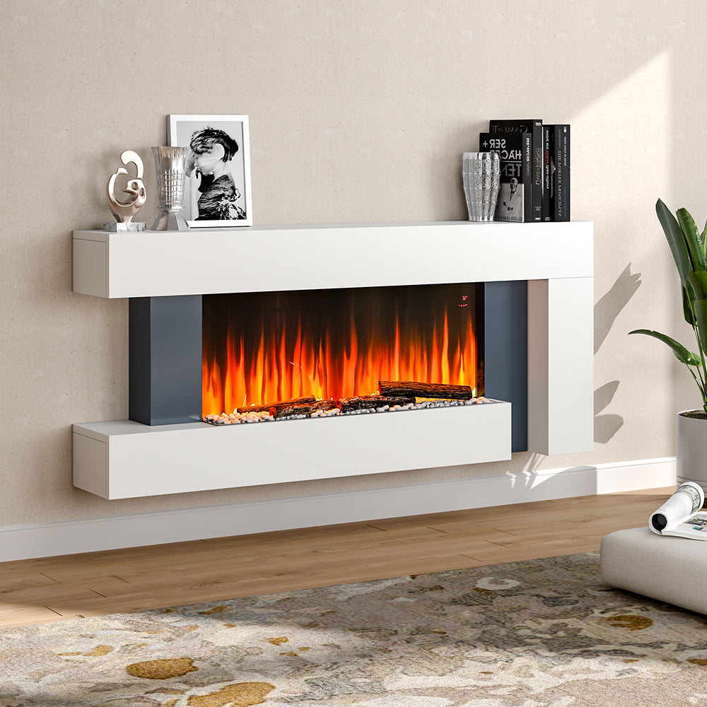 Modern White Electric Fireplace with LED Flame & Remote Control Heater