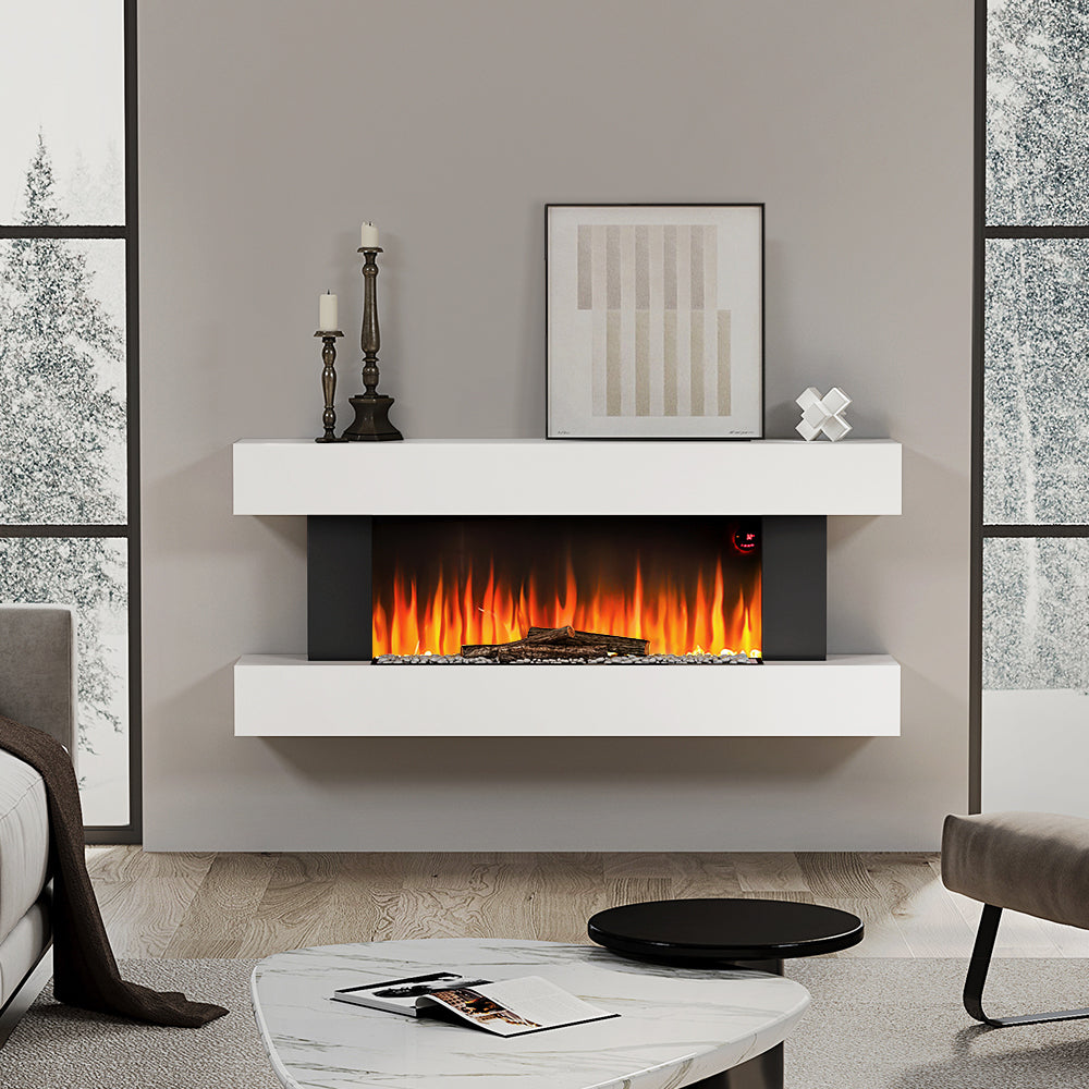 White Modern Wall Mounted Electric Fireplace Heater with Remote Control