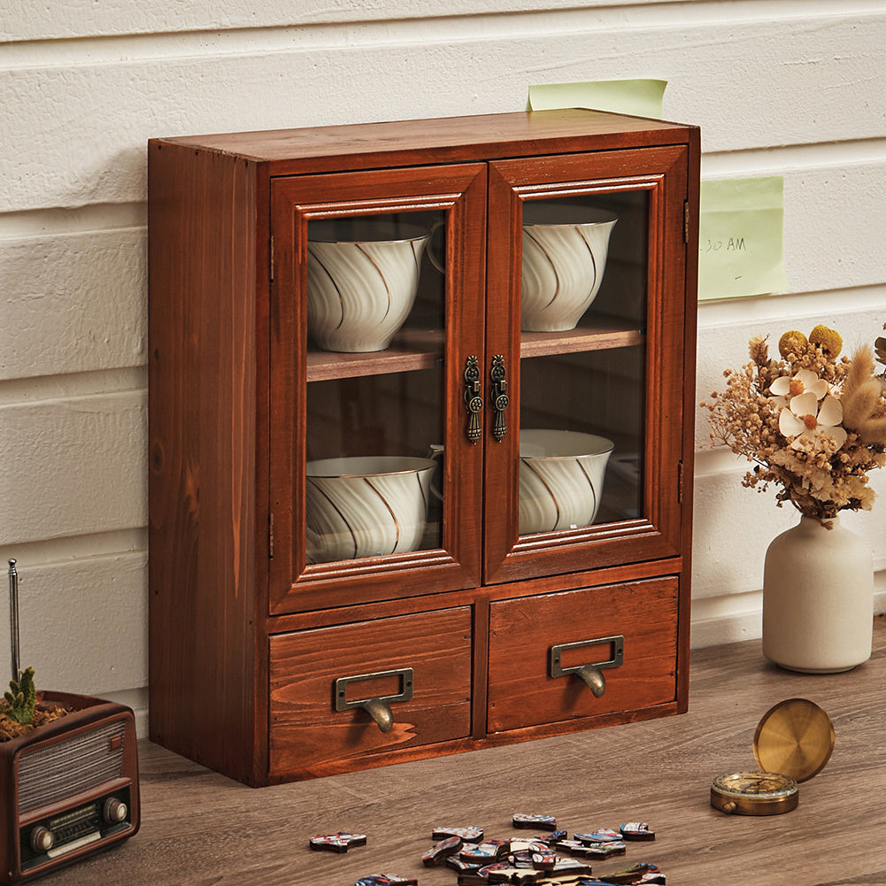 Vintage Wooden Storage Organizer with Glass Doors Desktop Display Cabinet