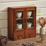 Vintage Wooden Storage Organizer with Glass Doors Desktop Display Cabinet