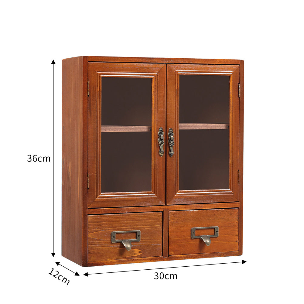 Vintage Wooden Storage Organizer with Glass Doors Desktop Display Cabinet