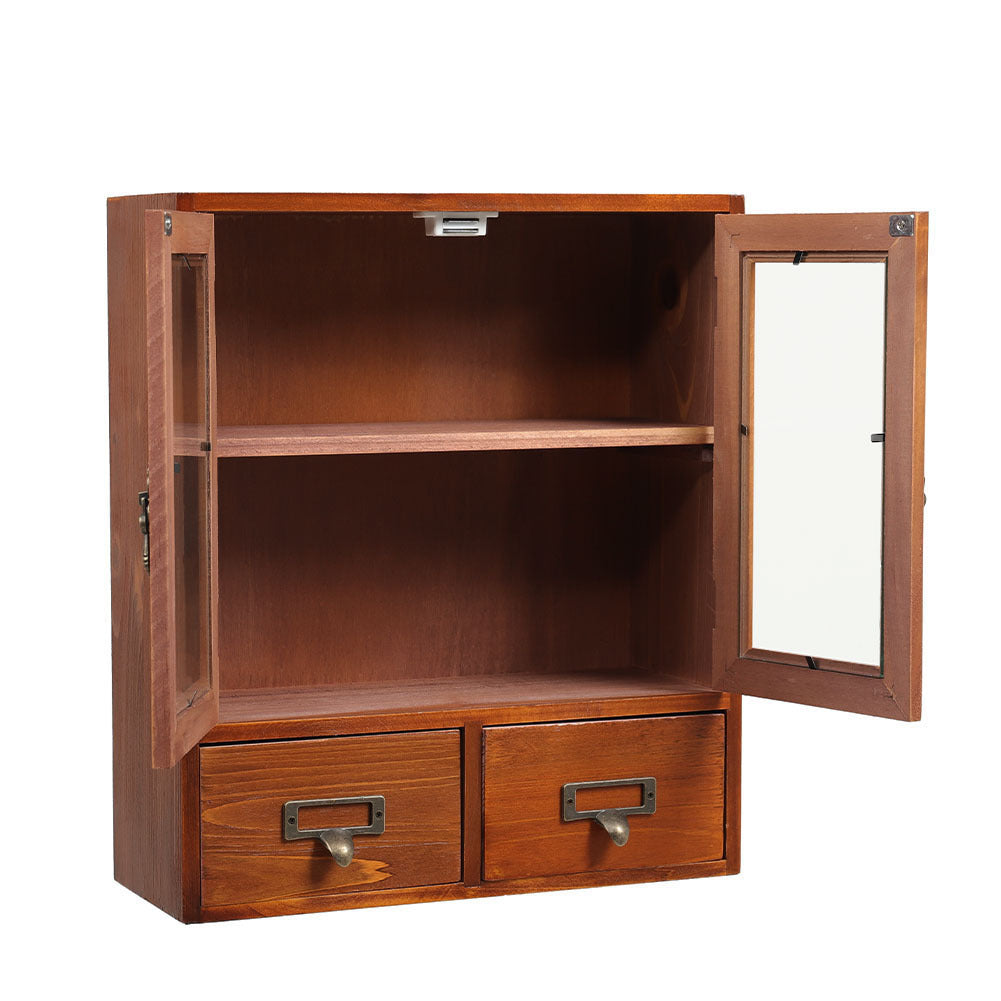 Vintage Wooden Storage Organizer with Glass Doors Desktop Display Cabinet