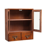 Vintage Wooden Storage Organizer with Glass Doors Desktop Display Cabinet