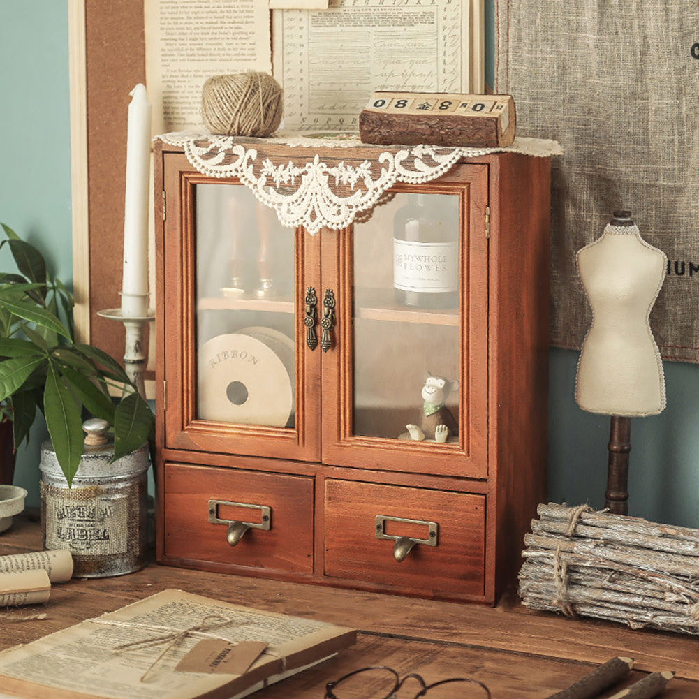 Vintage Wooden Storage Organizer with Glass Doors Desktop Display Cabinet