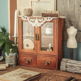 Vintage Wooden Storage Organizer with Glass Doors Desktop Display Cabinet