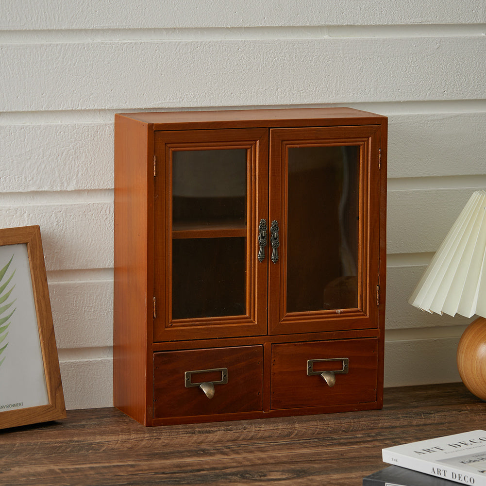 Vintage Wooden Desk Storage Organizer with Glass Doors and Drawers
