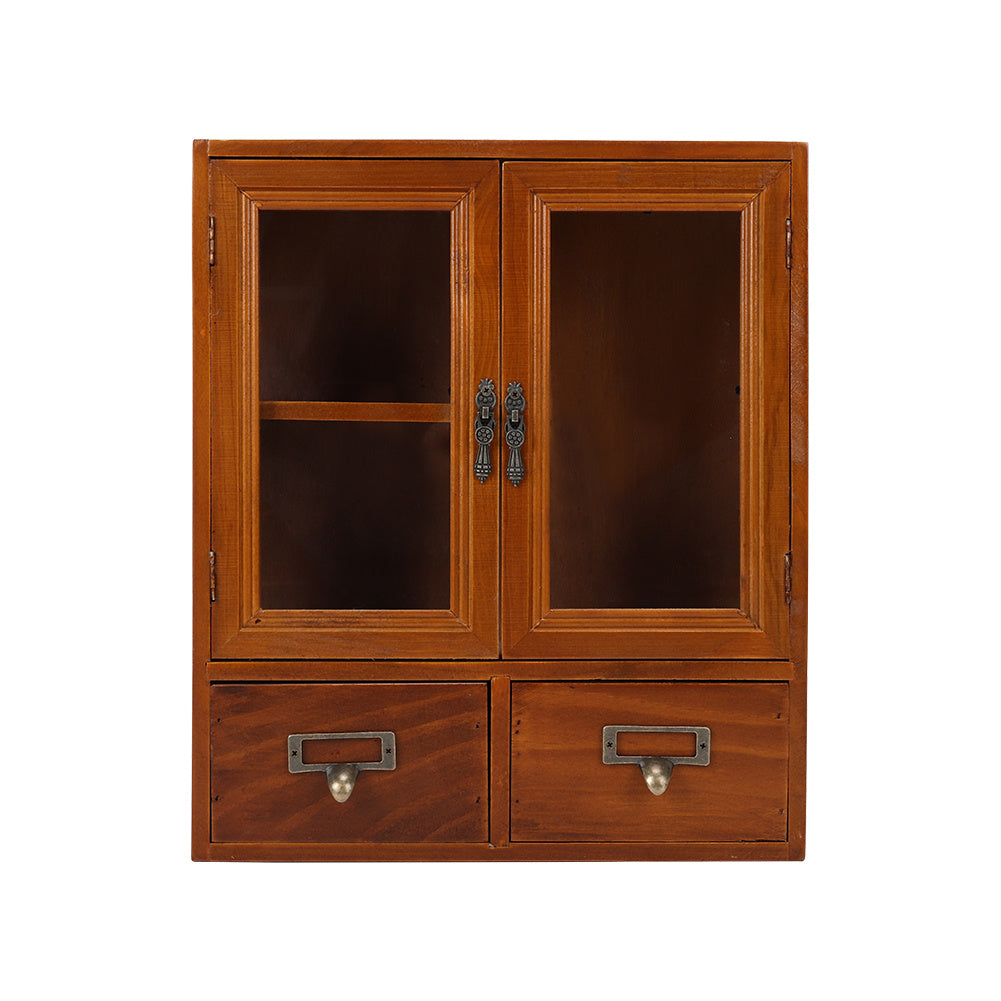 Vintage Wooden Desk Storage Organizer with Glass Doors and Drawers