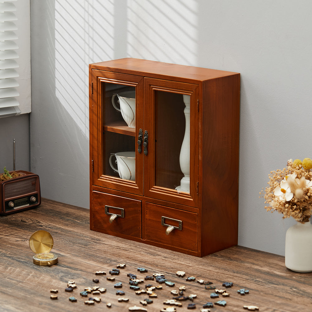Vintage Wooden Desk Storage Organizer with Glass Doors and Drawers