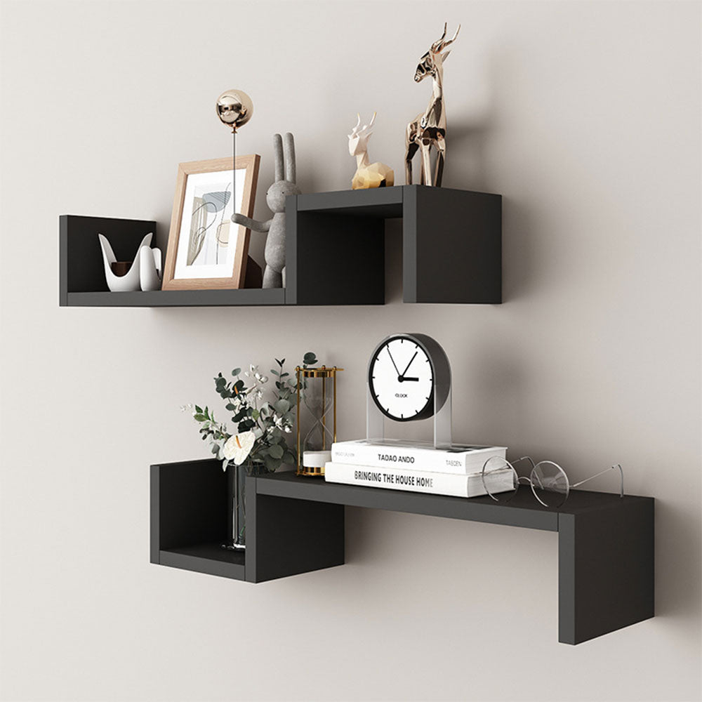 Set of 2 Black Floating Wall Shelves Modern Storage Shelves