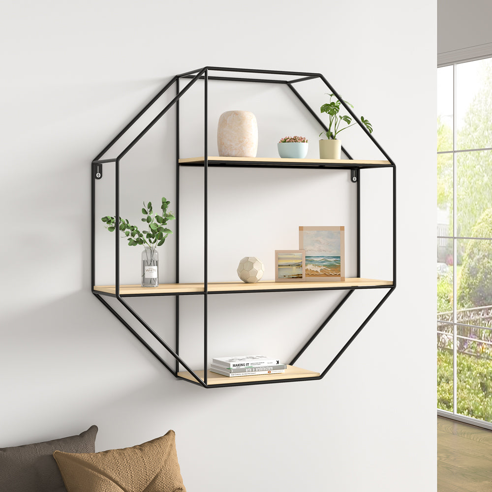 3-Tier Metal Octagonal Floating Shelf Wall Mounted Wood Shelf