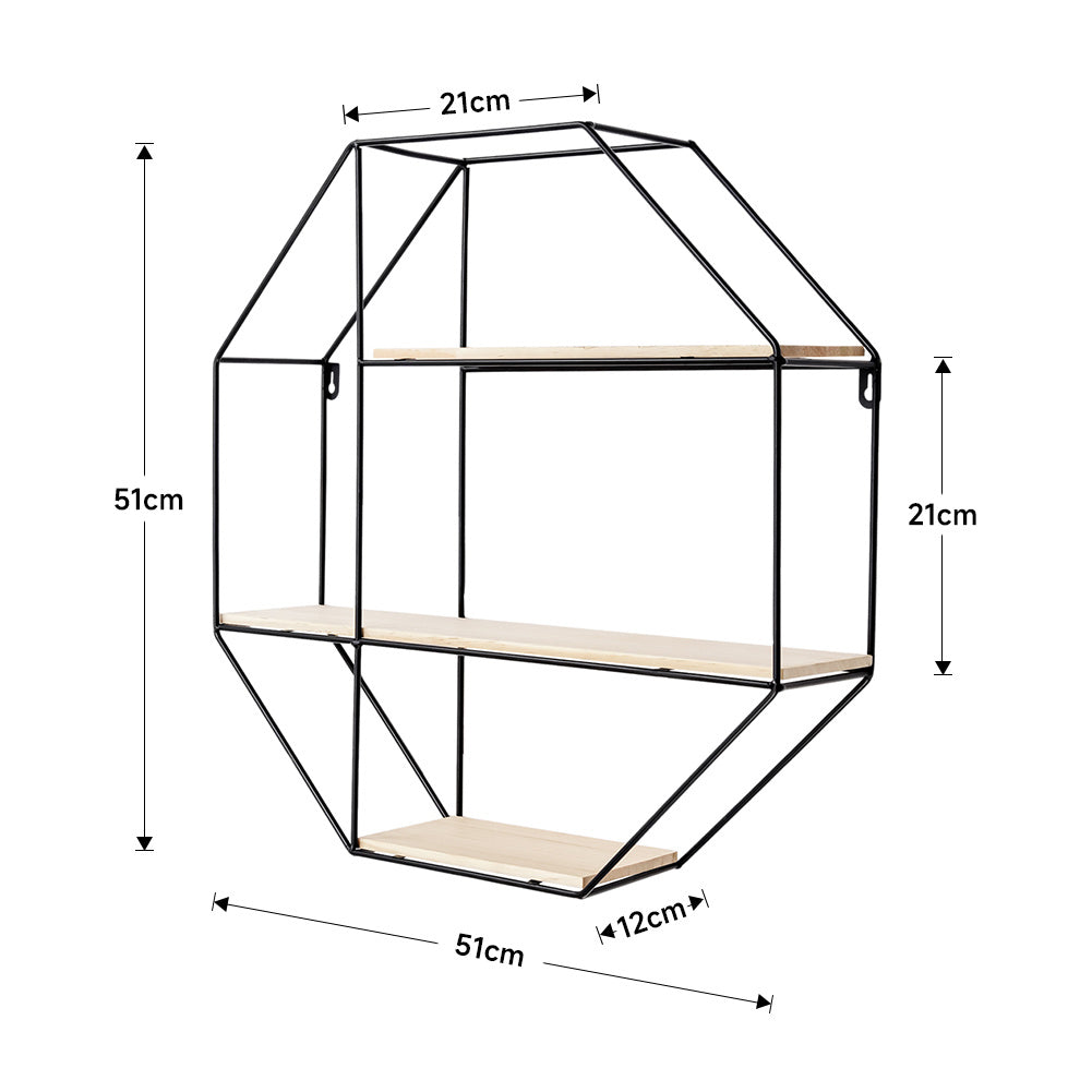 3-Tier Metal Octagonal Floating Shelf Wall Mounted Wood Shelf