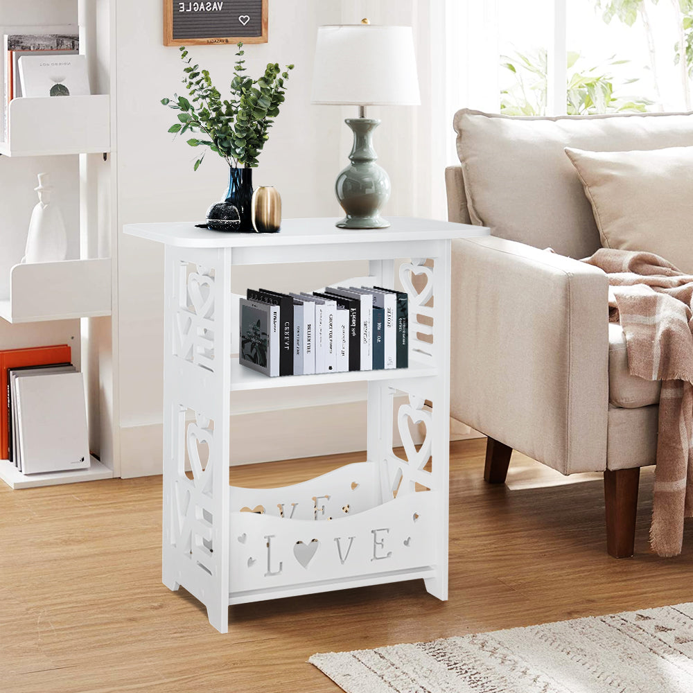 White PVC Nightstand Side Table with 2 Shelves and Decorative Cutouts