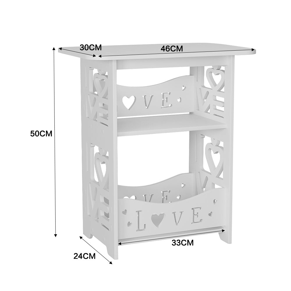 White PVC Nightstand Side Table with 2 Shelves and Decorative Cutouts