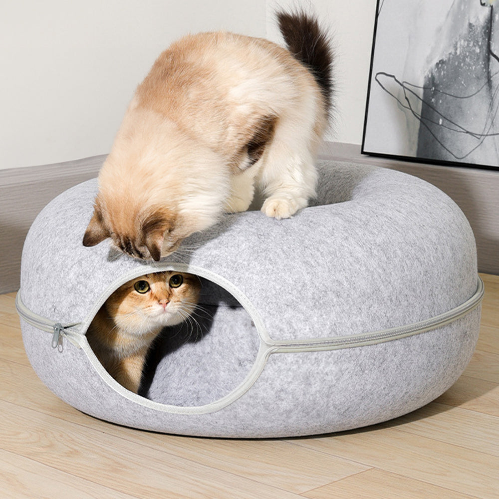 50cm Round Felt Cat Tunnel Bed 3-in-1 Donut Play Tunnel Hideaway